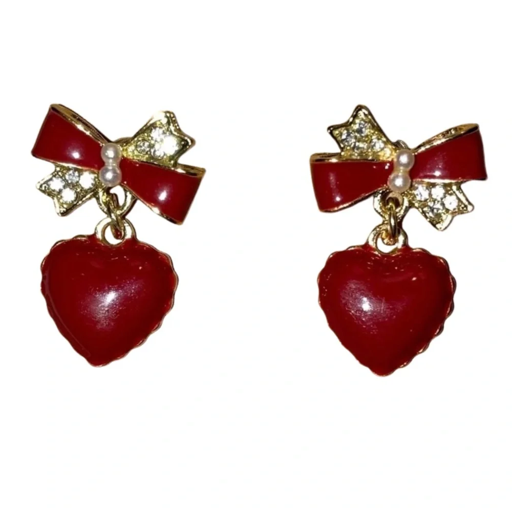 Red Bow Heart Pearl Stud Earrings Whimsy Coquette Kawaii Cocktail Love Jewelry